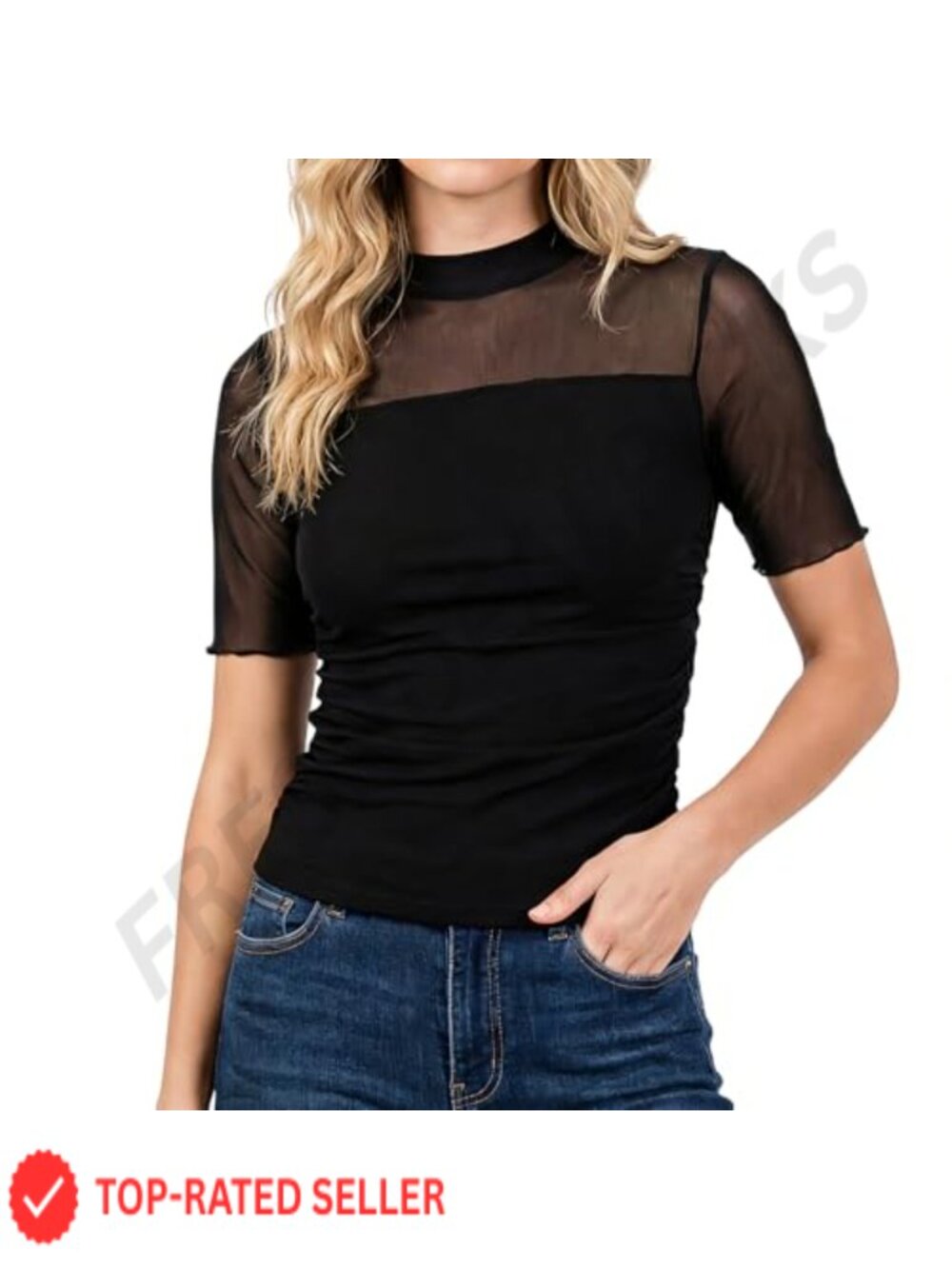 Women's Sheer Mesh Mock Turtleneck Ruched Short Sleeve Blouse